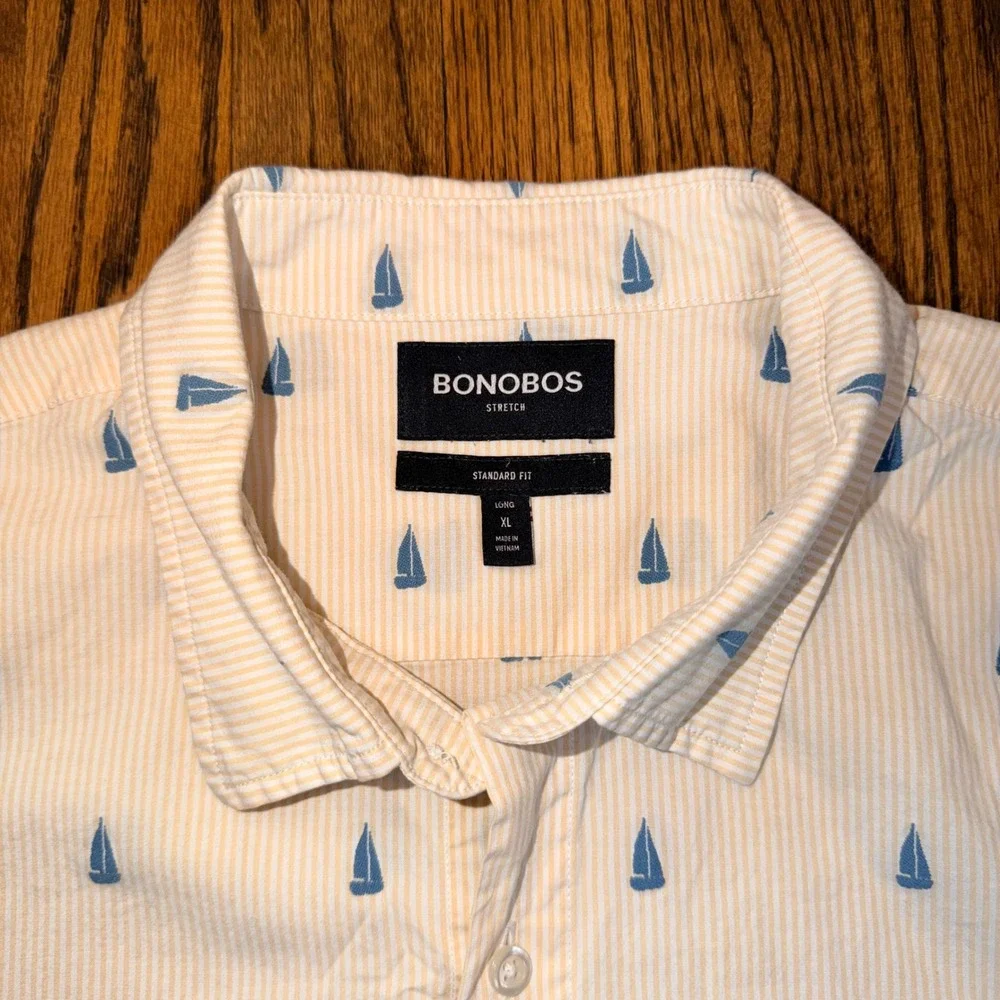 Bonobos Riviera Stretch Shirt Sailboat Embroidered XL Long Yellow‎ Pinstripe AOP